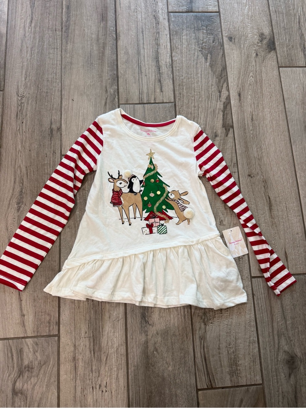 Girls' Holiday ChristmasTop with Red Stripe Sleeves